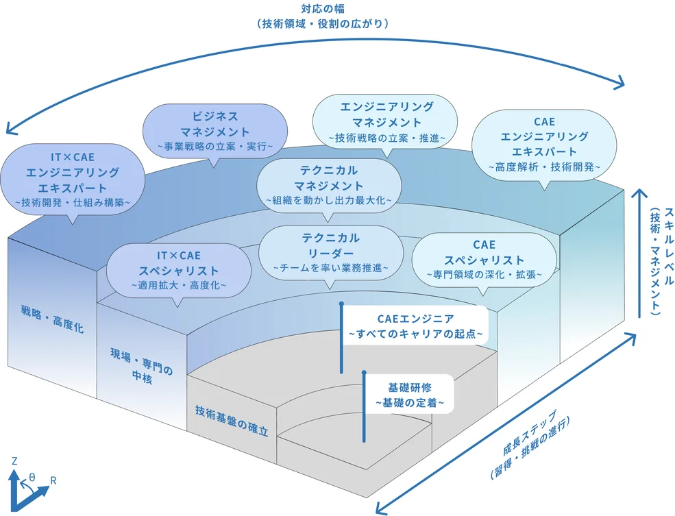 キャリアパス図：基礎研修からCAEエンジニアを経て多様なキャリアへ